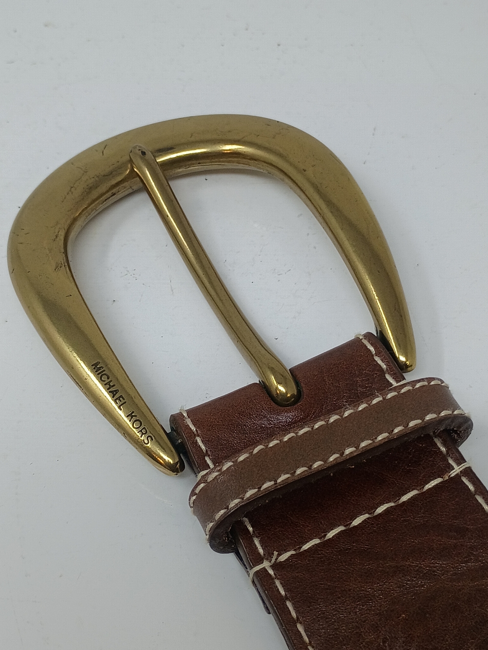 Michaels Kors Brown Leather Belt, Brass Buckle with Stud Accents - Picture 11 of 13